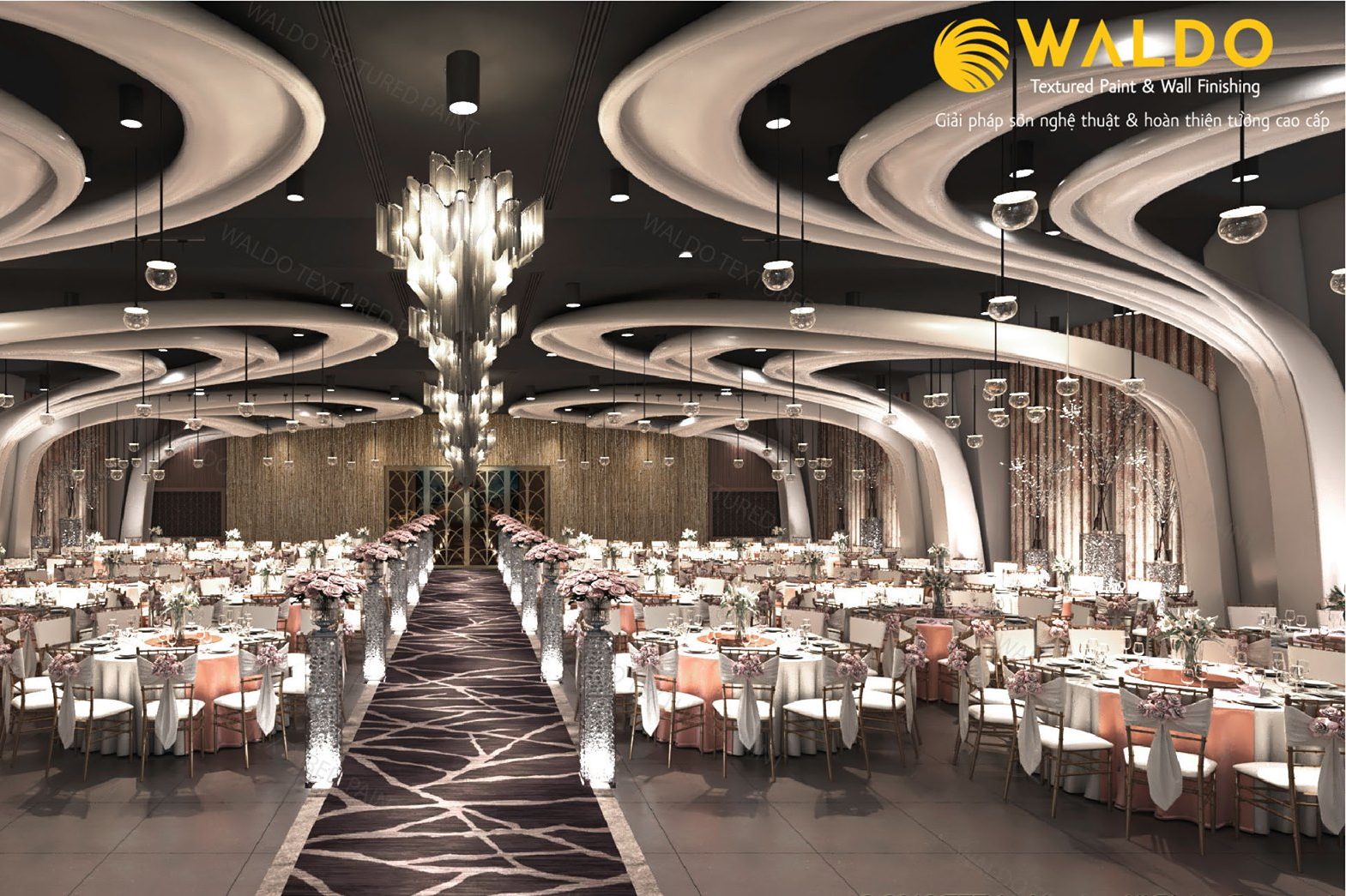 Sơn hiệu ứng Waldo - Không gian Nhà hàng tiệc cưới Asiana Plaza Tân Phú trở nên sang trọng hơn khi trang trí Sơn hiệu ứng Waldo